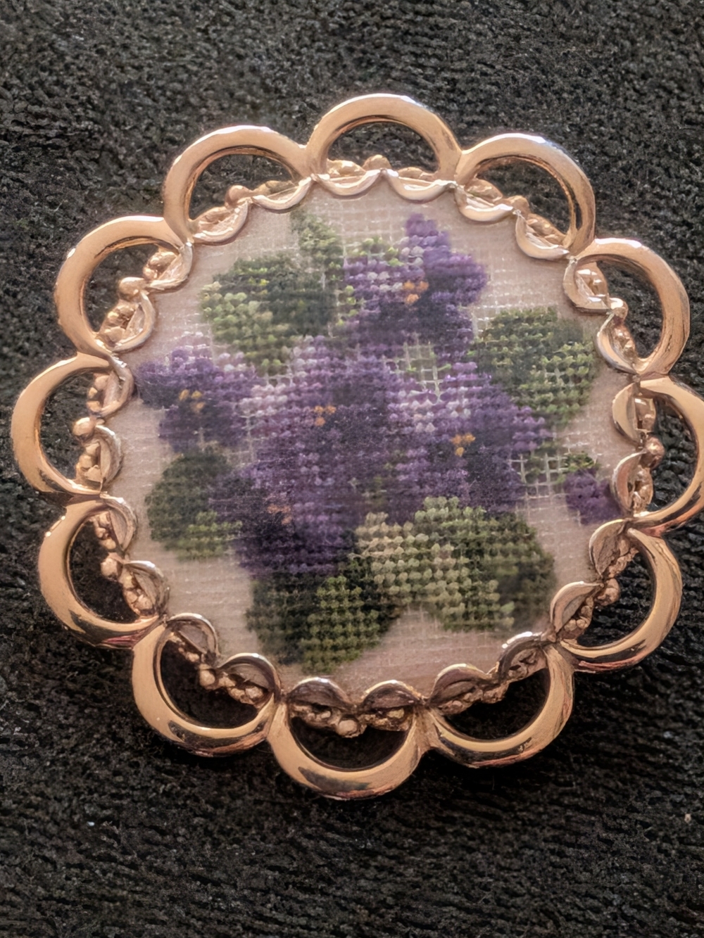 vintage Petit Point needlepoint brooch featuring hand-stitched purple violet